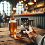 DALL·E 2023-12-25 09.49.44 - A person capturing a photo of a beer with a smartphone. The scene is in a cozy pub, with dim lighting creating a warm ambiance. The person is hand is h.png